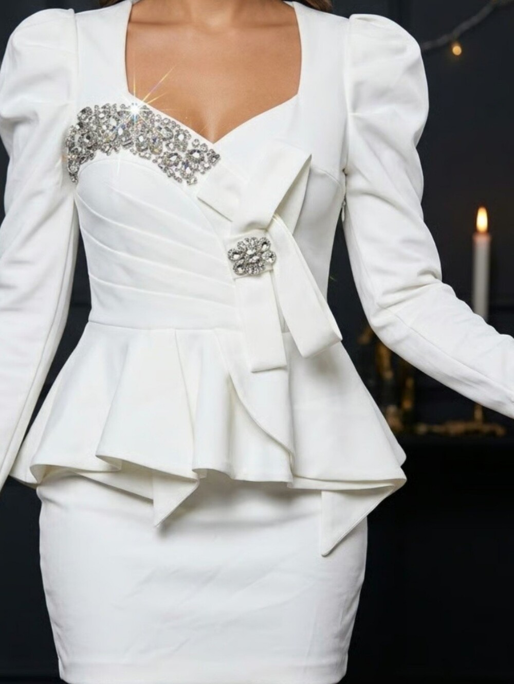 Crystal-Embellished White Long Sleeve Peplum Dress
